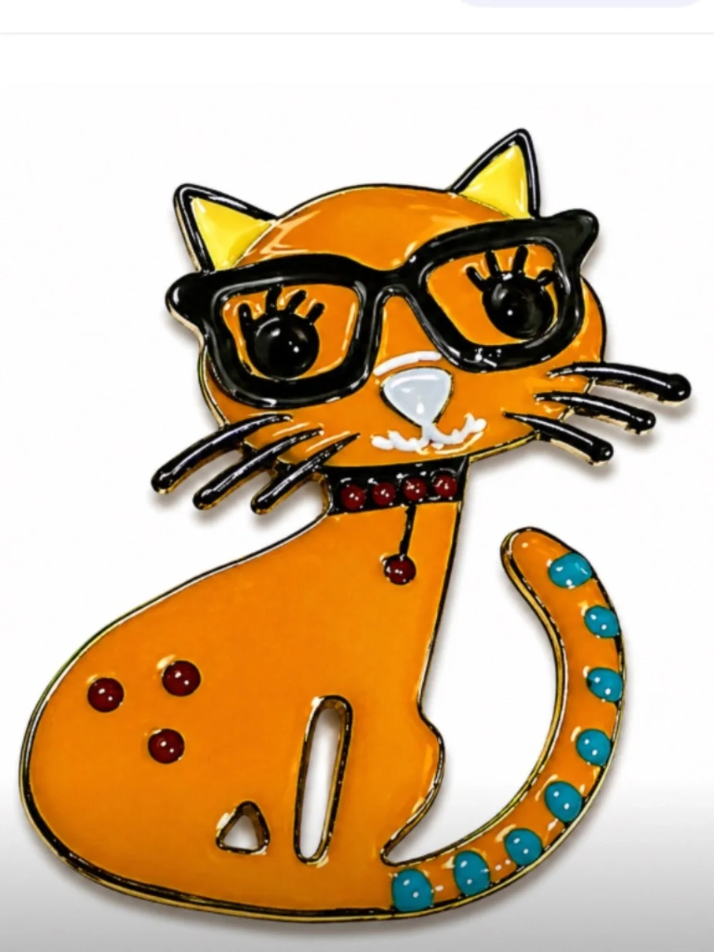 Orange Cat Brooch, Whimsicaal with Glasses, Enamel, Cute, Sitting Curled Up Tail